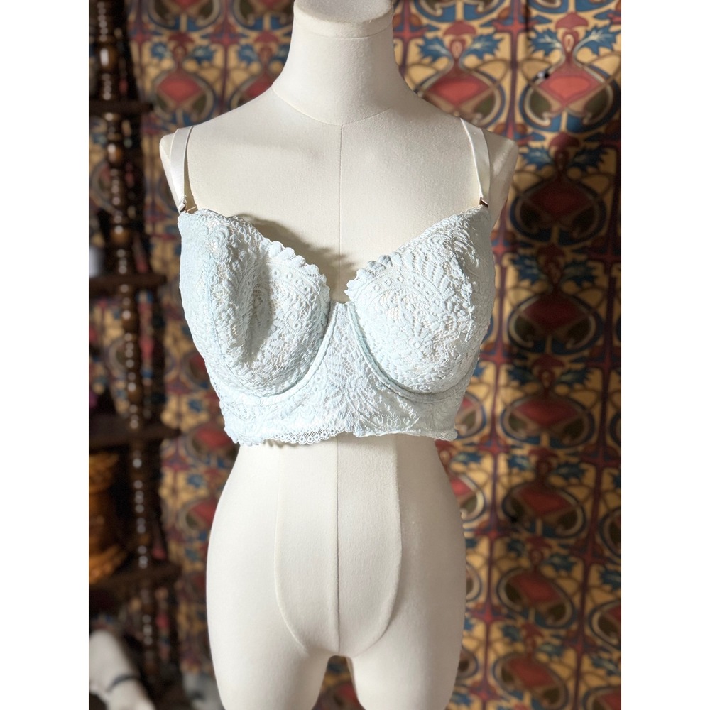 Lace Bralette Bustier Crop Top, Light Blue‎ Floral, Adjustable Straps, Size 40DD